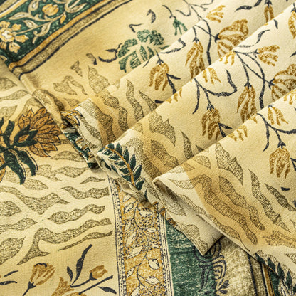 Sanskriti Vintage Saree Beige Pure Crepe Sanganeri Block Print Sari 5.5Yd Fabric