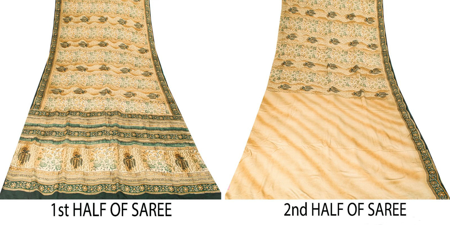 Sanskriti Vintage Saree Beige Pure Crepe Sanganeri Block Print Sari 5.5Yd Fabric
