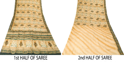 Sanskriti Vintage Saree Beige Pure Crepe Sanganeri Block Print Sari 5.5Yd Fabric