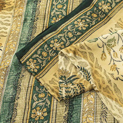 Sanskriti Vintage Saree Beige Pure Crepe Sanganeri Block Print Sari 5.5Yd Fabric