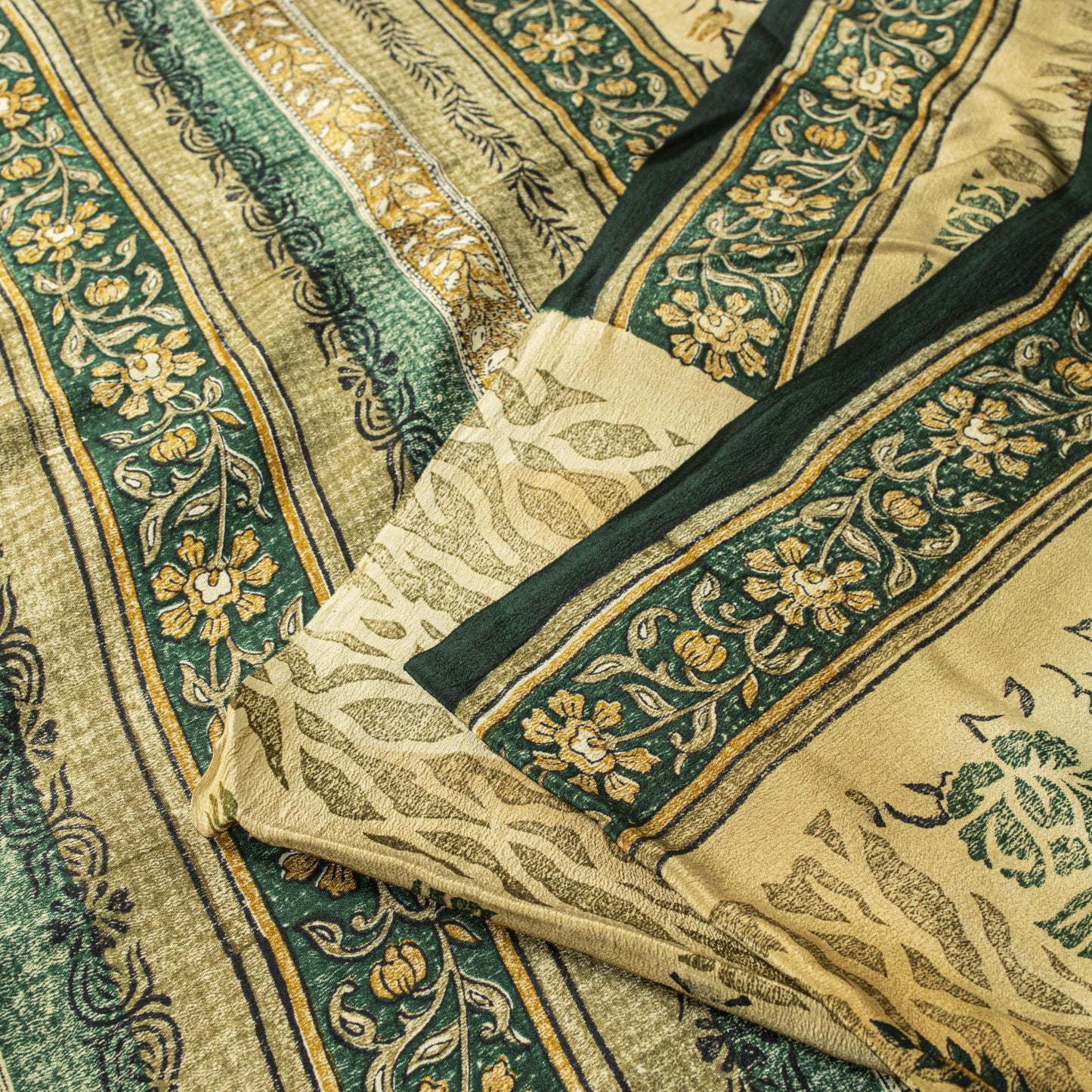 Sanskriti Vintage Saree Beige Pure Crepe Sanganeri Block Print Sari 5.5Yd Fabric