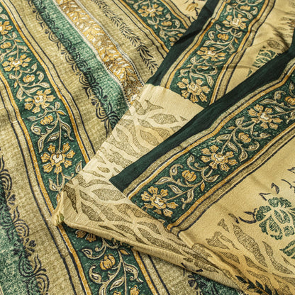 Sanskriti Vintage Saree Beige Pure Crepe Sanganeri Block Print Sari 5.5Yd Fabric