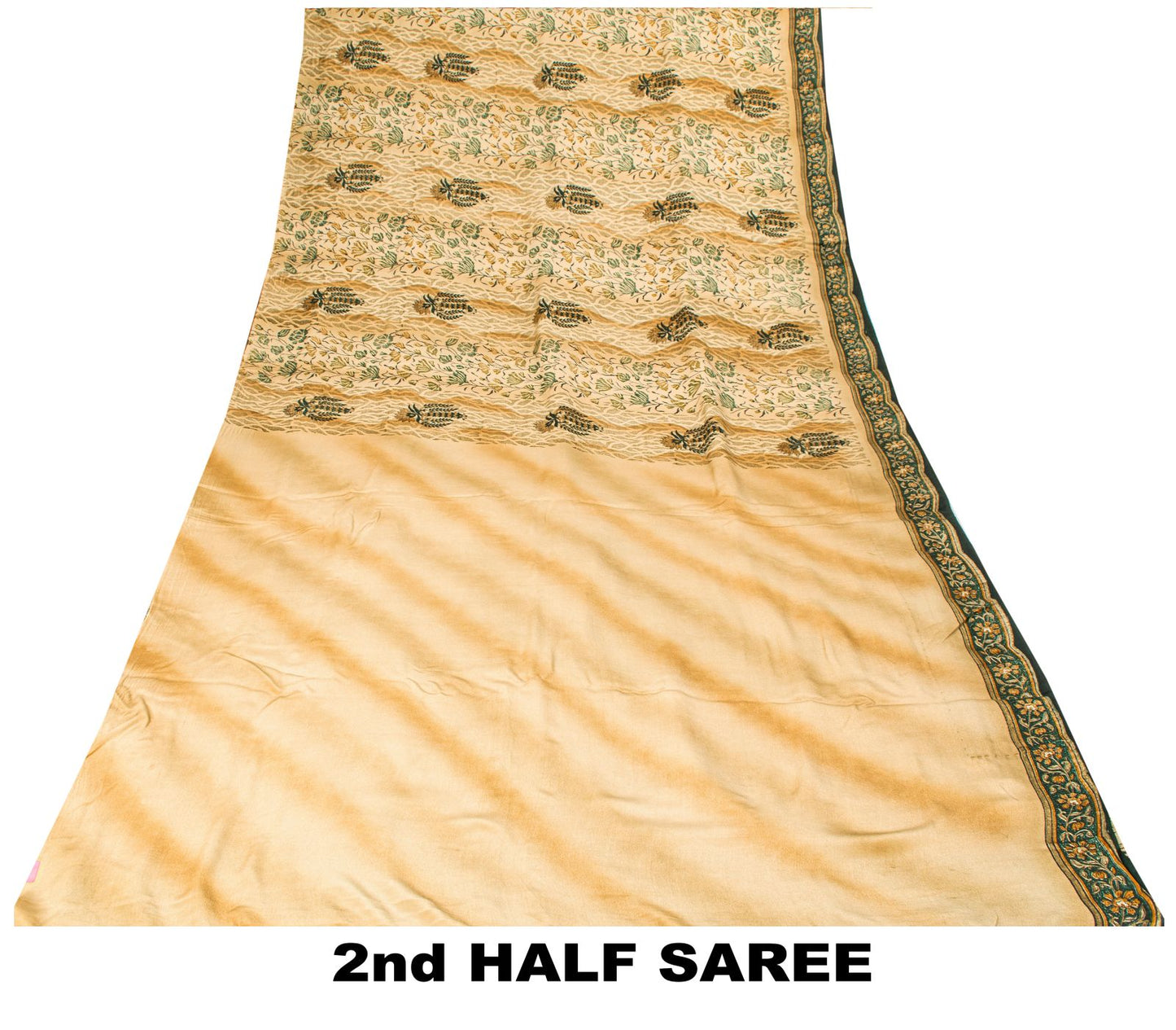 Sanskriti Vintage Saree Beige Pure Crepe Sanganeri Block Print Sari 5.5Yd Fabric