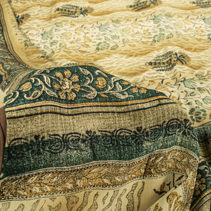 Sanskriti Vintage Saree Beige Pure Crepe Sanganeri Block Print Sari 5.5Yd Fabric