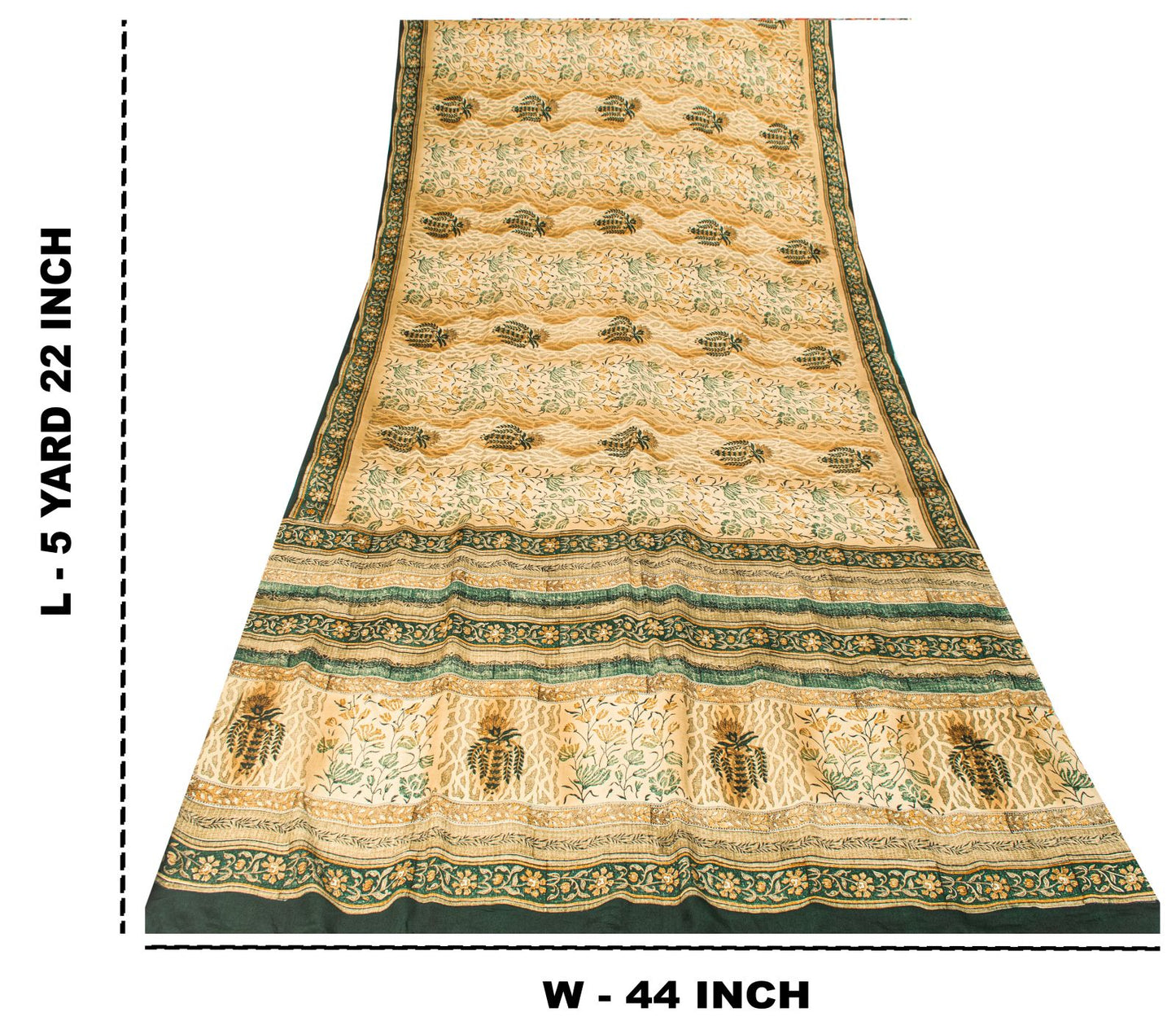 Sanskriti Vintage Saree Beige Pure Crepe Sanganeri Block Print Sari 5.5Yd Fabric