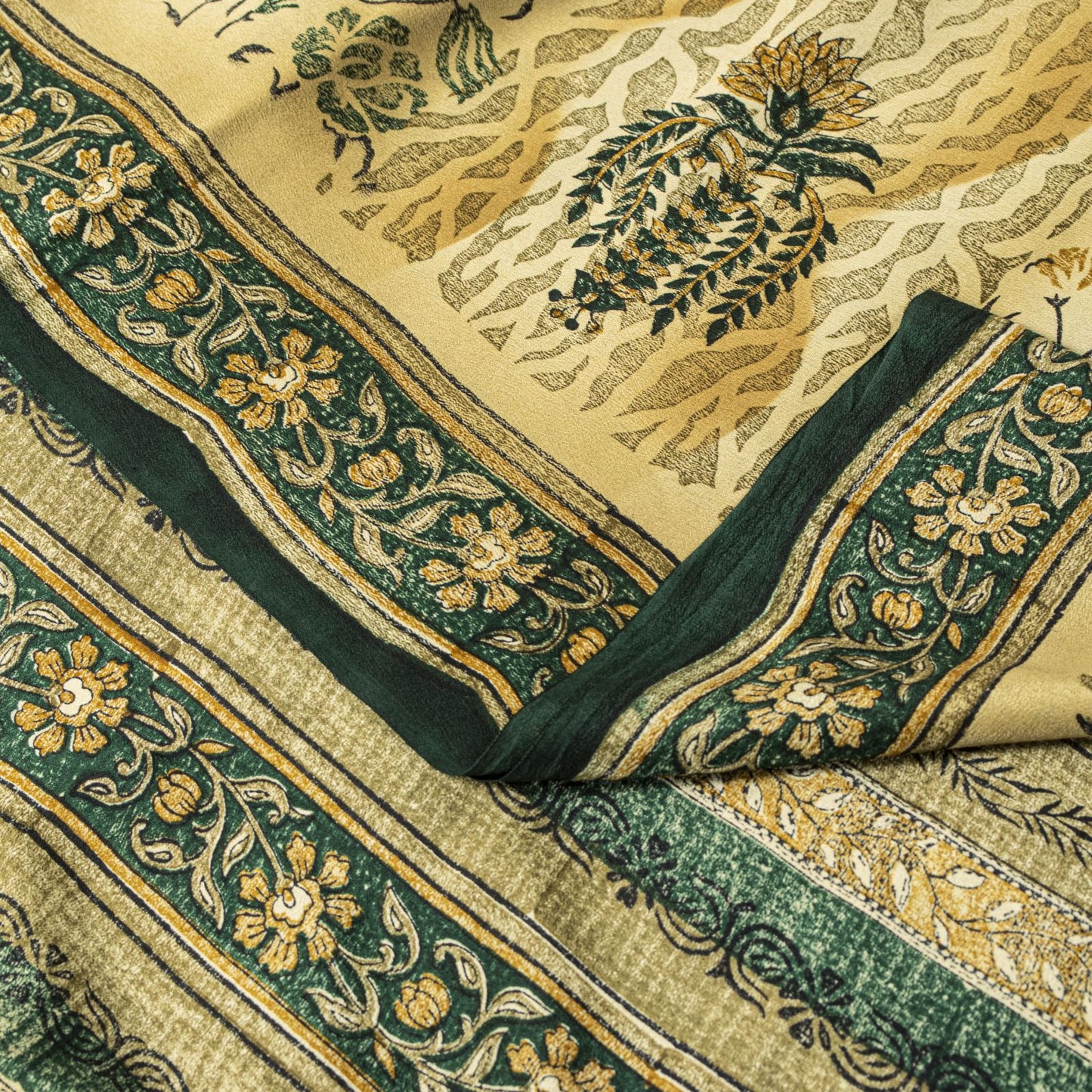 Sanskriti Vintage Saree Beige Pure Crepe Sanganeri Block Print Sari 5.5Yd Fabric