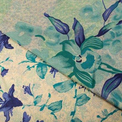 Sanskriti Vintage Saree Cream-Blue Pure Crepe Digital Print Sari 5.5+Yd Fabric