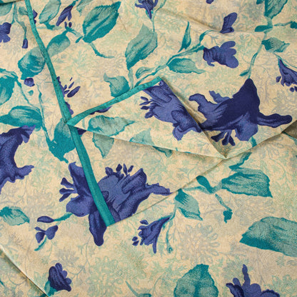 Sanskriti Vintage Saree Cream-Blue Pure Crepe Digital Print Sari 5.5+Yd Fabric