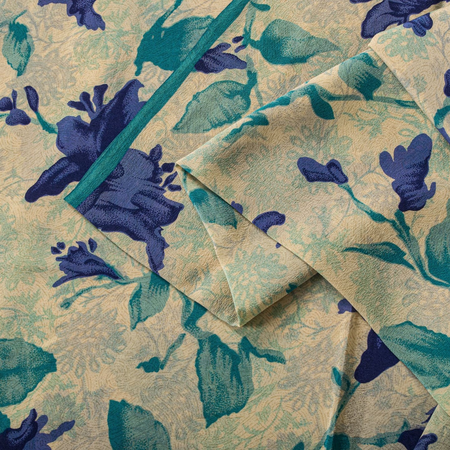 Sanskriti Vintage Saree Cream-Blue Pure Crepe Digital Print Sari 5.5+Yd Fabric