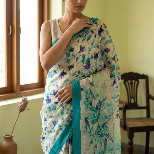 Sanskriti Vintage Saree Cream-Blue Pure Crepe Digital Print Sari 5.5+Yd Fabric
