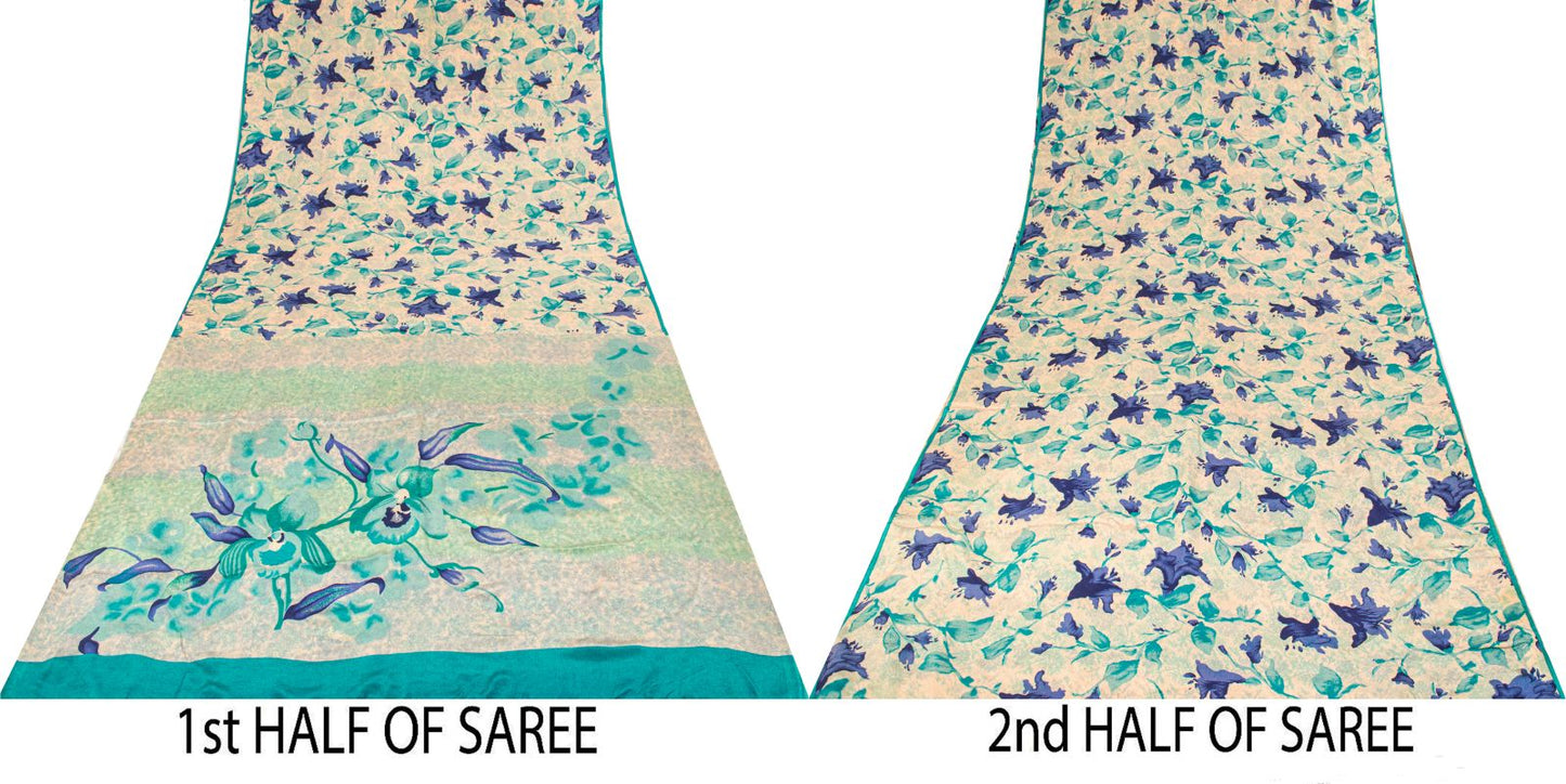 Sanskriti Vintage Saree Cream-Blue Pure Crepe Digital Print Sari 5.5+Yd Fabric