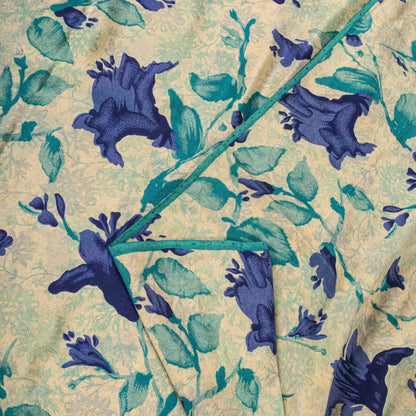 Sanskriti Vintage Saree Cream-Blue Pure Crepe Digital Print Sari 5.5+Yd Fabric