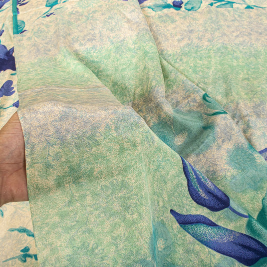 Sanskriti Vintage Saree Cream-Blue Pure Crepe Digital Print Sari 5.5+Yd Fabric