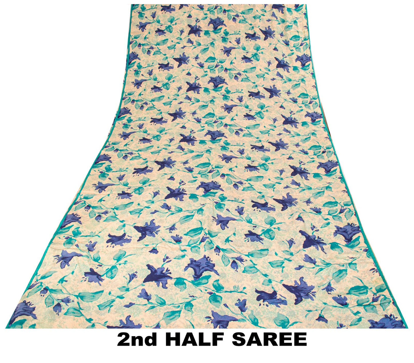 Sanskriti Vintage Saree Cream-Blue Pure Crepe Digital Print Sari 5.5+Yd Fabric