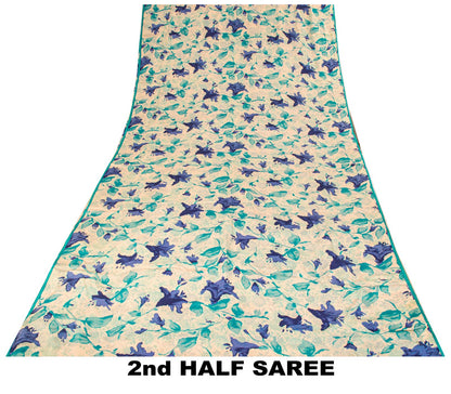 Sanskriti Vintage Saree Cream-Blue Pure Crepe Digital Print Sari 5.5+Yd Fabric