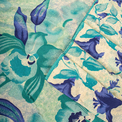 Sanskriti Vintage Saree Cream-Blue Pure Crepe Digital Print Sari 5.5+Yd Fabric