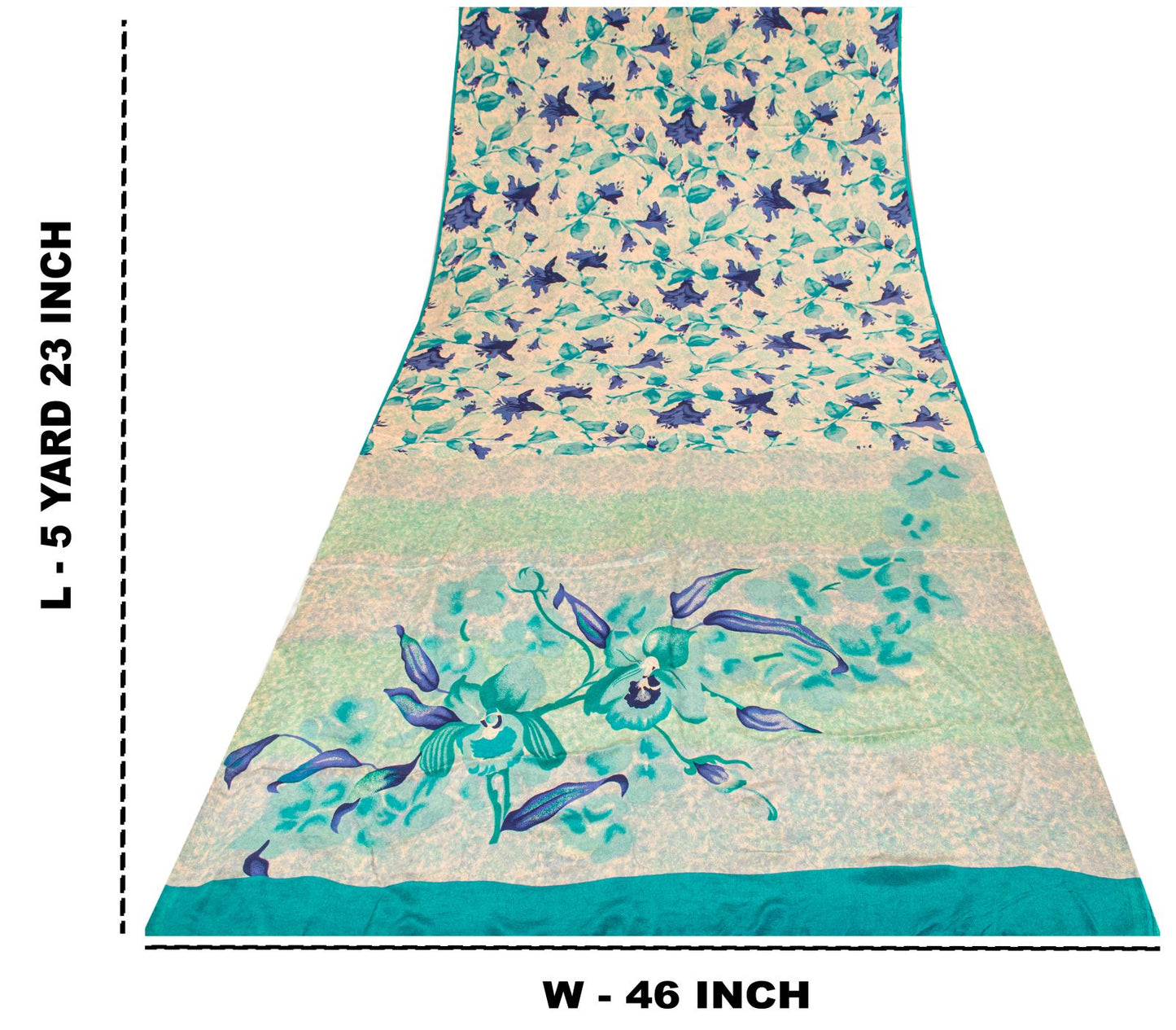 Sanskriti Vintage Saree Cream-Blue Pure Crepe Digital Print Sari 5.5+Yd Fabric