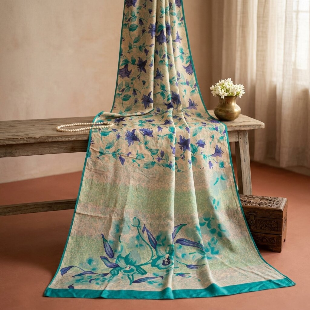 Sanskriti Vintage Saree Cream-Blue Pure Crepe Digital Print Sari 5.5+Yd Fabric