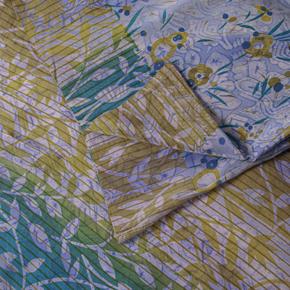 Sanskriti Vintage Saree Blue Pure Crepe Floral Printed Sari 5.5+Yd Craft Fabric