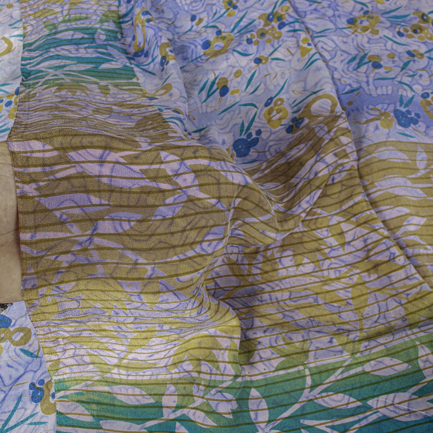 Sanskriti Vintage Saree Blue Pure Crepe Floral Printed Sari 5.5+Yd Craft Fabric