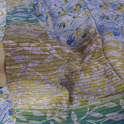 Sanskriti Vintage Saree Blue Pure Crepe Floral Printed Sari 5.5+Yd Craft Fabric