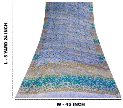 Sanskriti Vintage Saree Blue Pure Crepe Floral Printed Sari 5.5+Yd Craft Fabric