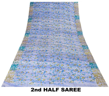 Sanskriti Vintage Saree Blue Pure Crepe Floral Printed Sari 5.5+Yd Craft Fabric
