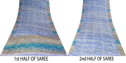 Sanskriti Vintage Saree Blue Pure Crepe Floral Printed Sari 5.5+Yd Craft Fabric