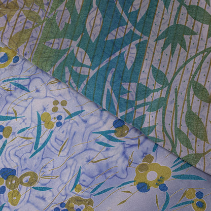 Sanskriti Vintage Saree Blue Pure Crepe Floral Printed Sari 5.5+Yd Craft Fabric