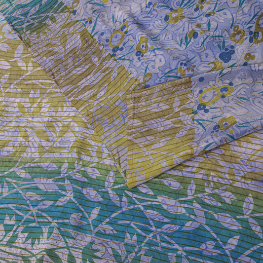 Sanskriti Vintage Saree Blue Pure Crepe Floral Printed Sari 5.5+Yd Craft Fabric