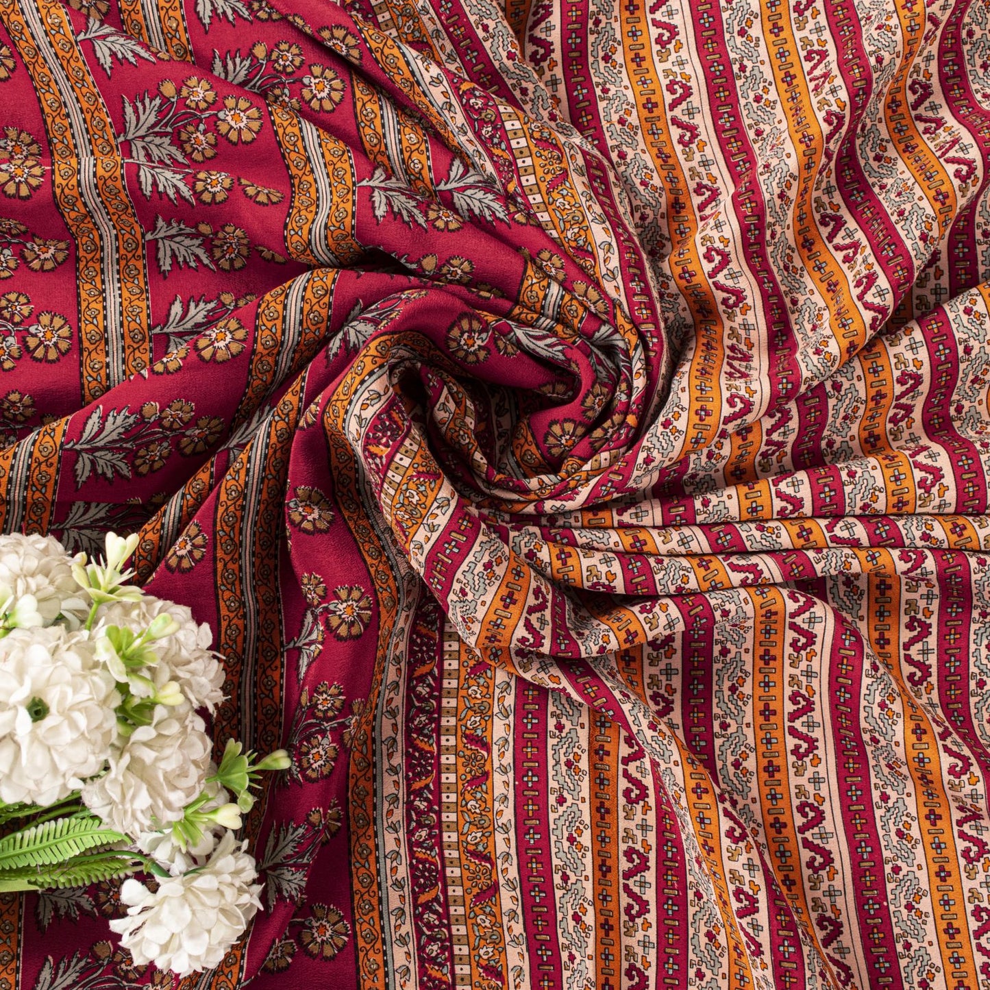 Sanskriti Vintage Saree Red Pure Crepe Floral Printed Sari 5.5+Yd Craft Fabric