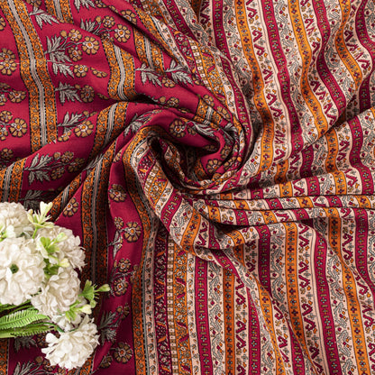 Sanskriti Vintage Saree Red Pure Crepe Floral Printed Sari 5.5+Yd Craft Fabric