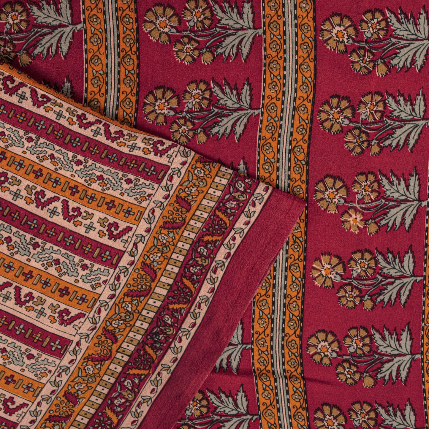 Sanskriti Vintage Saree Red Pure Crepe Floral Printed Sari 5.5+Yd Craft Fabric