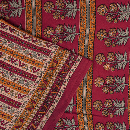 Sanskriti Vintage Saree Red Pure Crepe Floral Printed Sari 5.5+Yd Craft Fabric