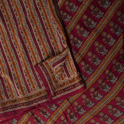Sanskriti Vintage Saree Red Pure Crepe Floral Printed Sari 5.5+Yd Craft Fabric