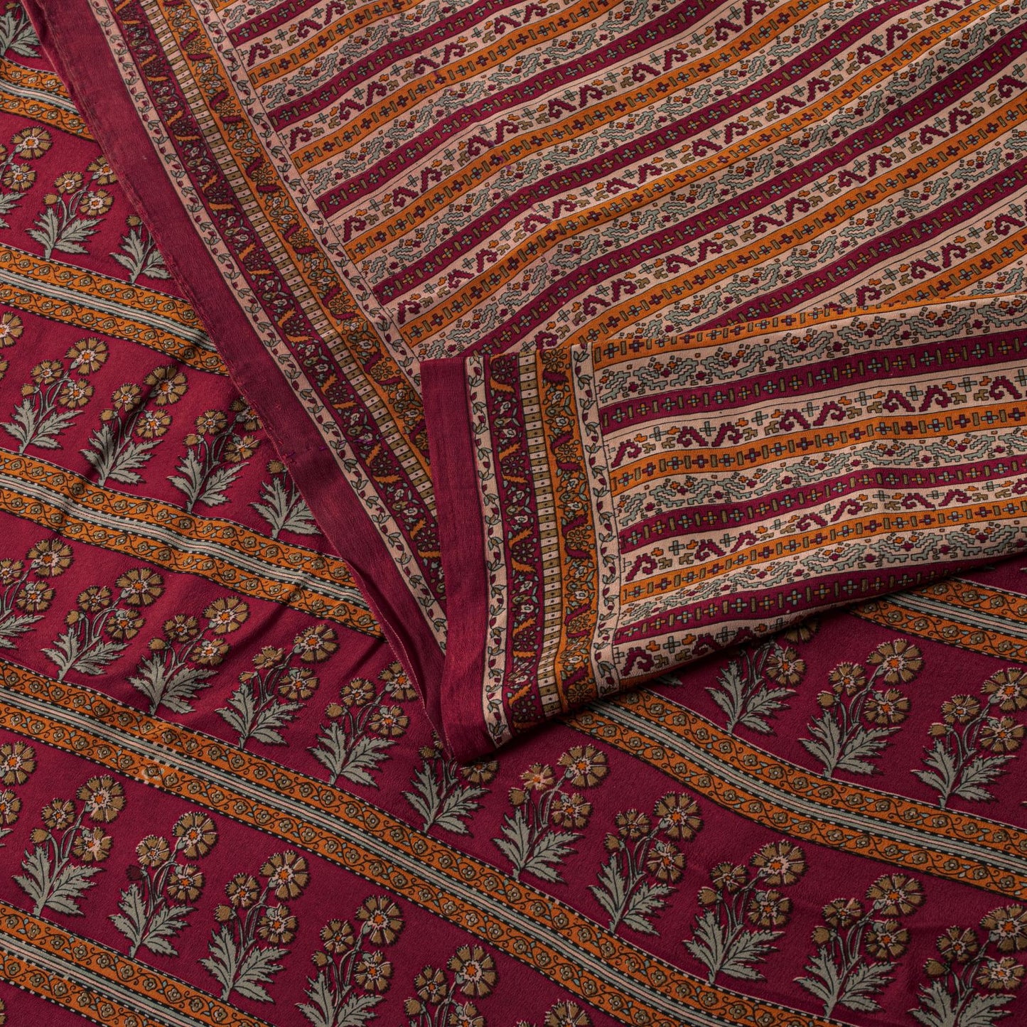 Sanskriti Vintage Saree Red Pure Crepe Floral Printed Sari 5.5+Yd Craft Fabric