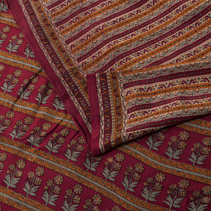 Sanskriti Vintage Saree Red Pure Crepe Floral Printed Sari 5.5+Yd Craft Fabric