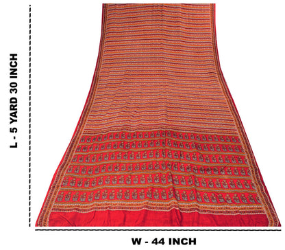 Sanskriti Vintage Saree Red Pure Crepe Floral Printed Sari 5.5+Yd Craft Fabric
