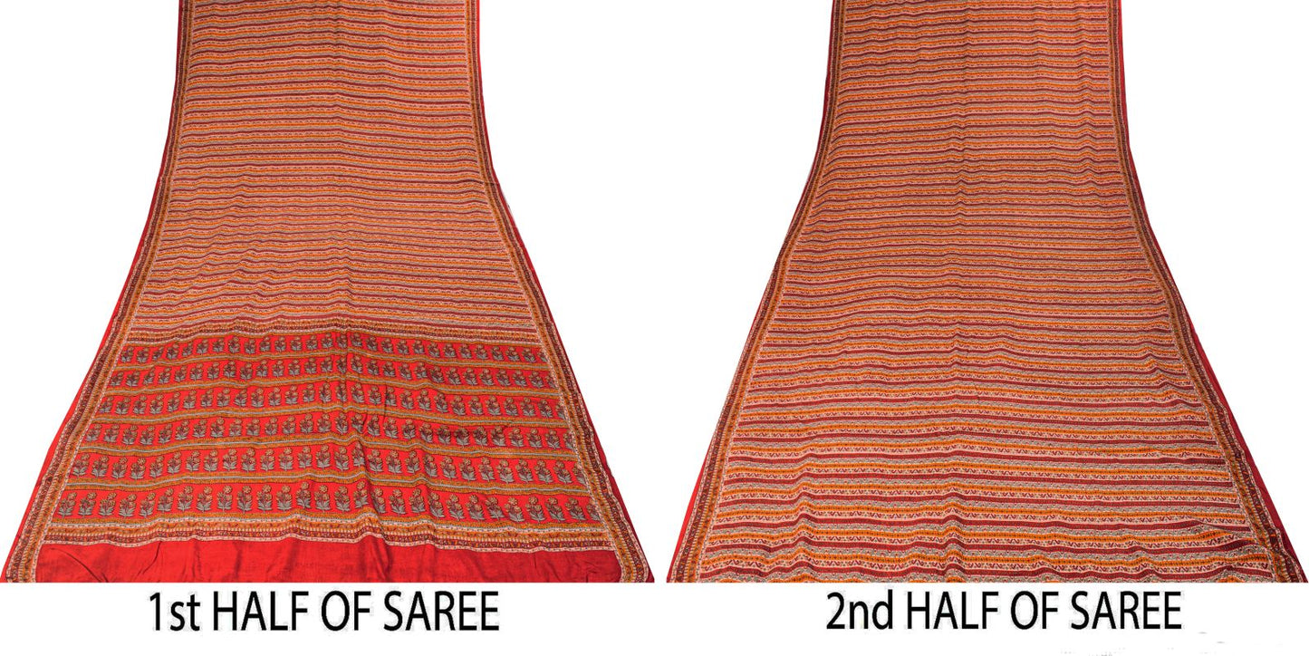 Sanskriti Vintage Saree Red Pure Crepe Floral Printed Sari 5.5+Yd Craft Fabric