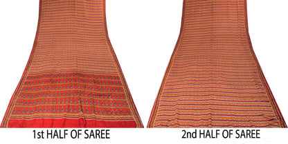Sanskriti Vintage Saree Red Pure Crepe Floral Printed Sari 5.5+Yd Craft Fabric