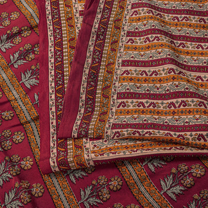 Sanskriti Vintage Saree Red Pure Crepe Floral Printed Sari 5.5+Yd Craft Fabric