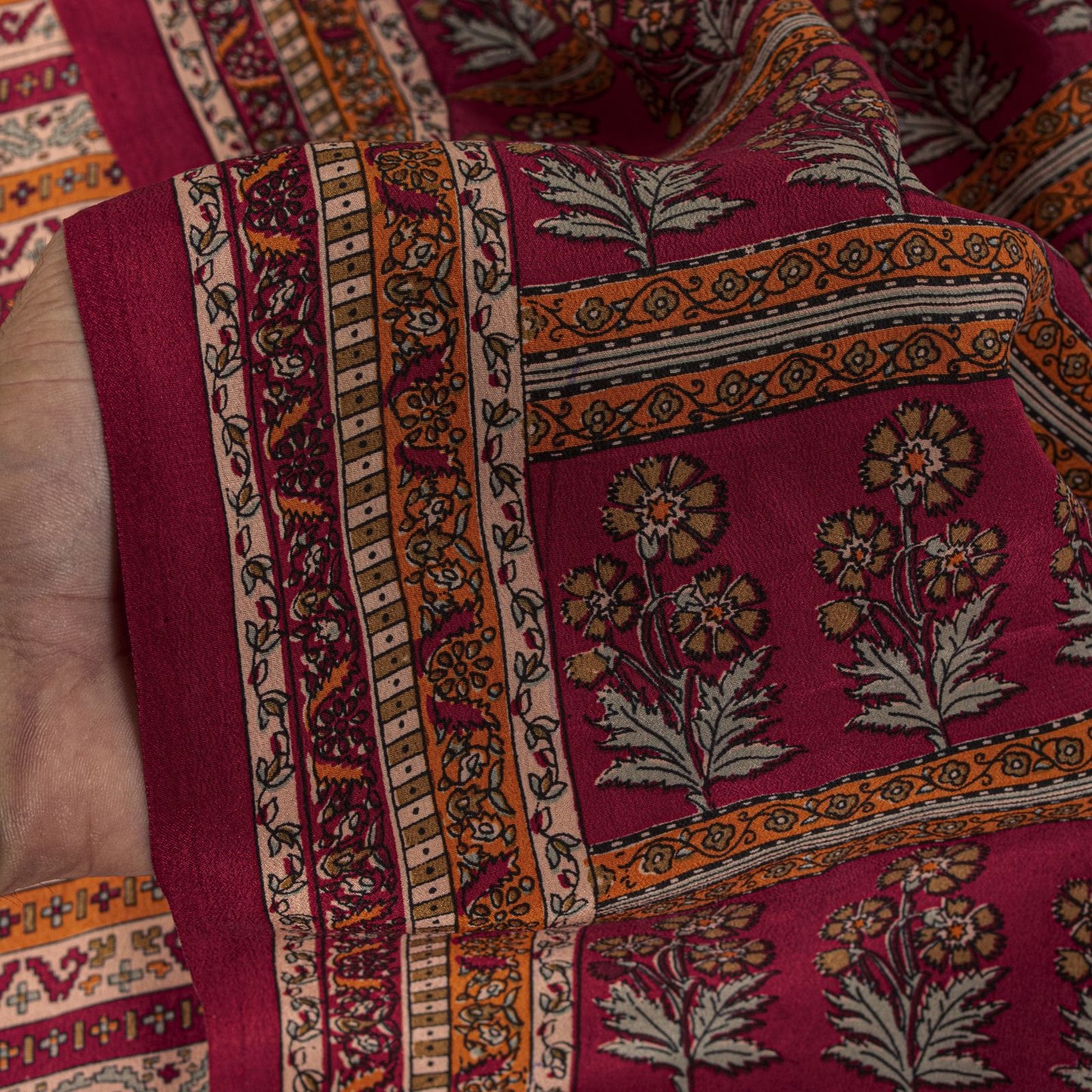 Sanskriti Vintage Saree Red Pure Crepe Floral Printed Sari 5.5+Yd Craft Fabric