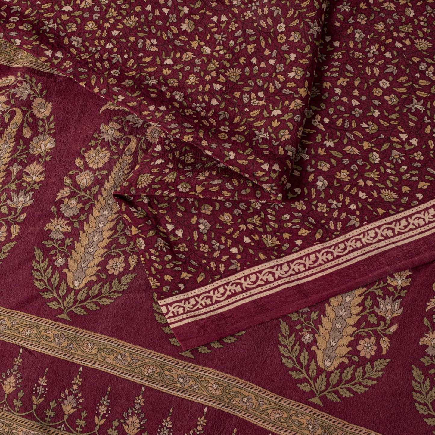 Sanskriti Vintage Saree Red Pure Crepe Floral Printed Sari 6.5+Yd Craft Fabric