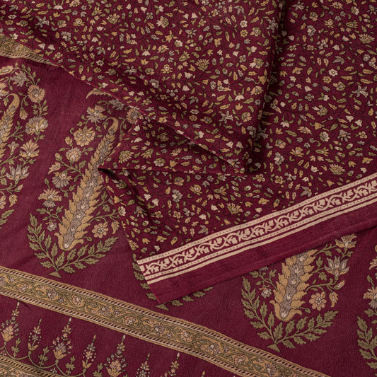 Sanskriti Vintage Saree Red Pure Crepe Floral Printed Sari 6.5+Yd Craft Fabric