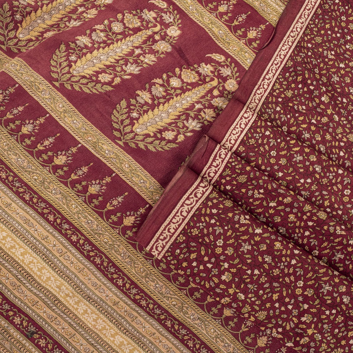 Sanskriti Vintage Saree Red Pure Crepe Floral Printed Sari 6.5+Yd Craft Fabric