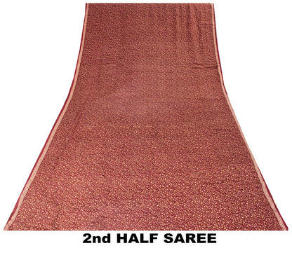 Sanskriti Vintage Saree Red Pure Crepe Floral Printed Sari 6.5+Yd Craft Fabric