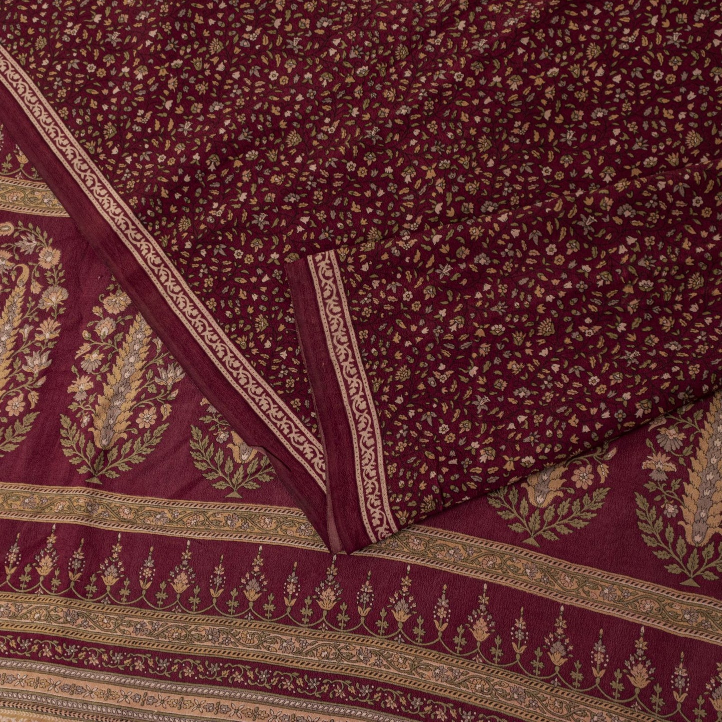 Sanskriti Vintage Saree Red Pure Crepe Floral Printed Sari 6.5+Yd Craft Fabric
