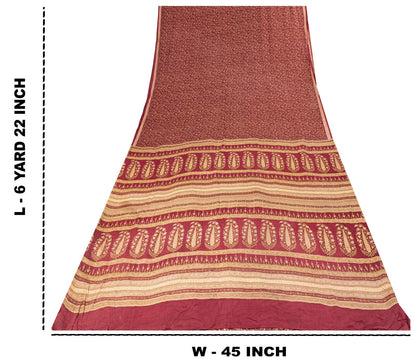 Sanskriti Vintage Saree Red Pure Crepe Floral Printed Sari 6.5+Yd Craft Fabric