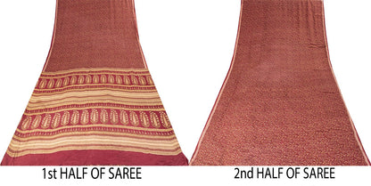 Sanskriti Vintage Saree Red Pure Crepe Floral Printed Sari 6.5+Yd Craft Fabric