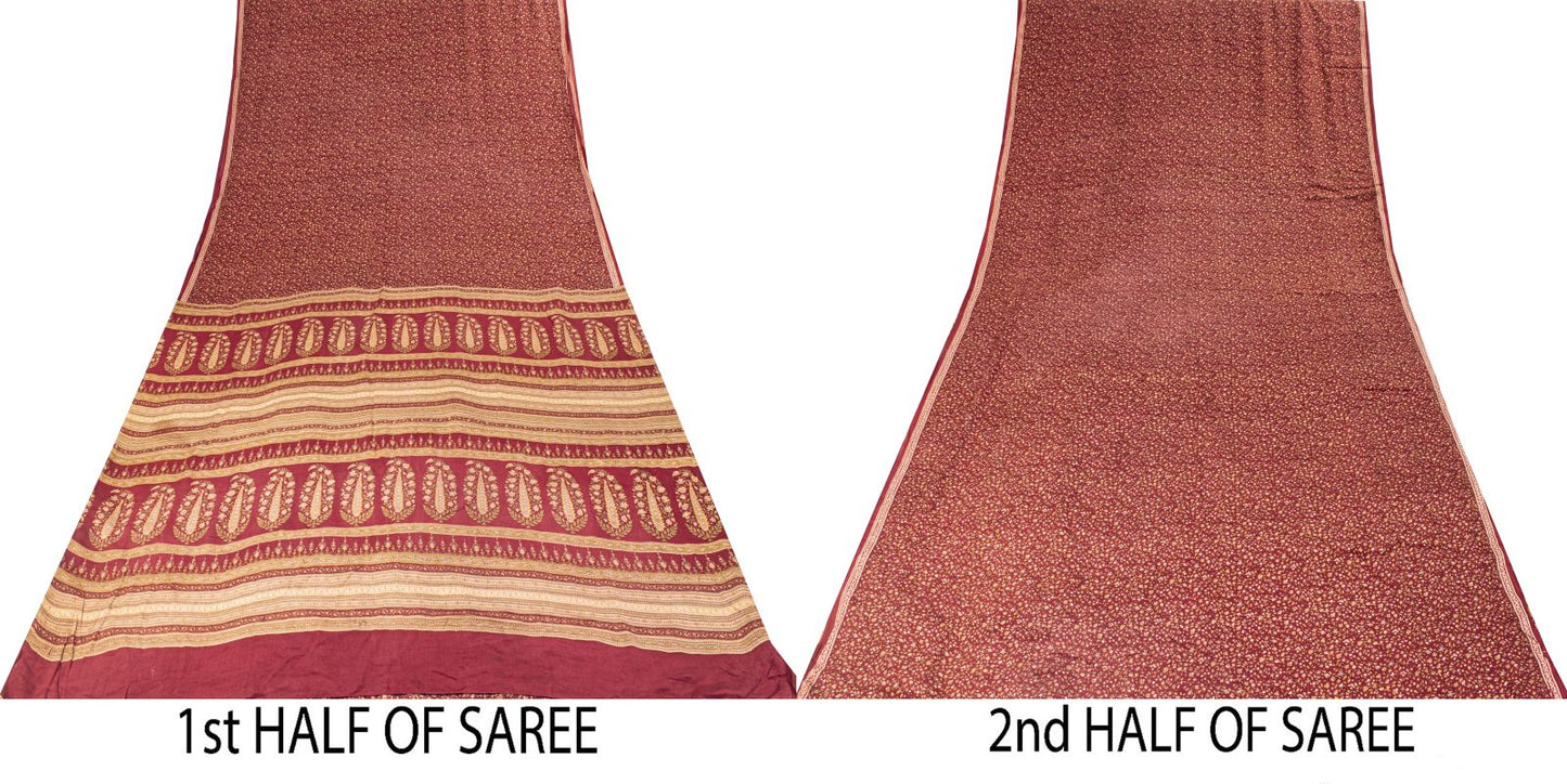Sanskriti Vintage Saree Red Pure Crepe Floral Printed Sari 6.5+Yd Craft Fabric